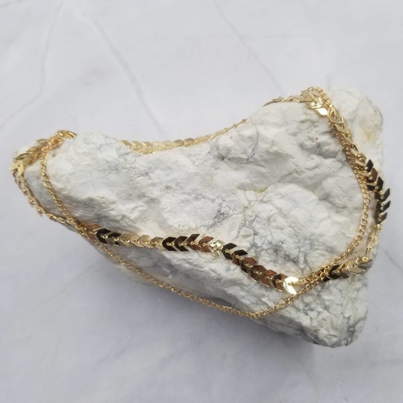 Double Layer Necklace Fish Bone and Chain Goldtone - Picture 2 of 3